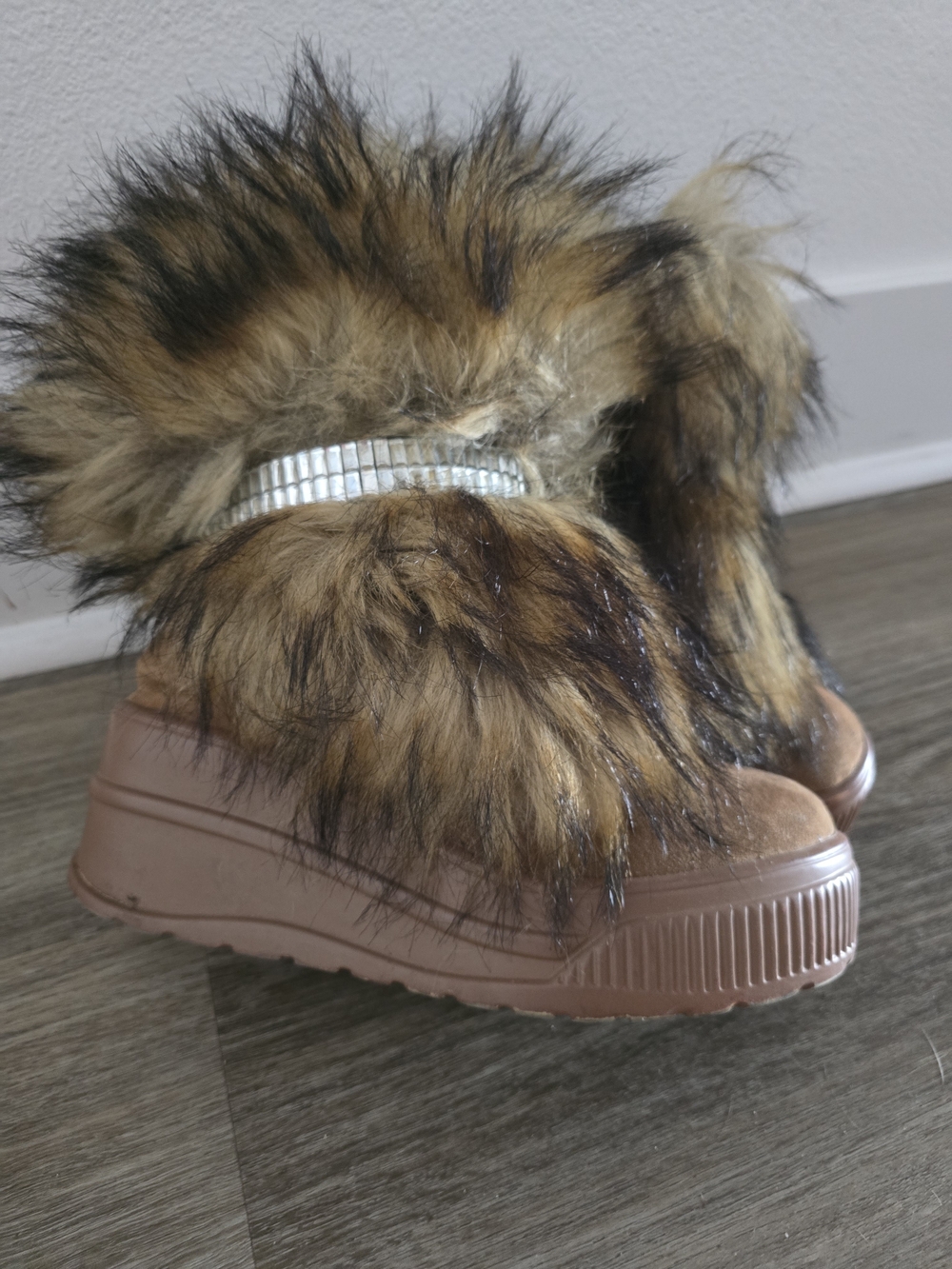 Faux Fur Rhinestone Accent Wedge Booties - Brown